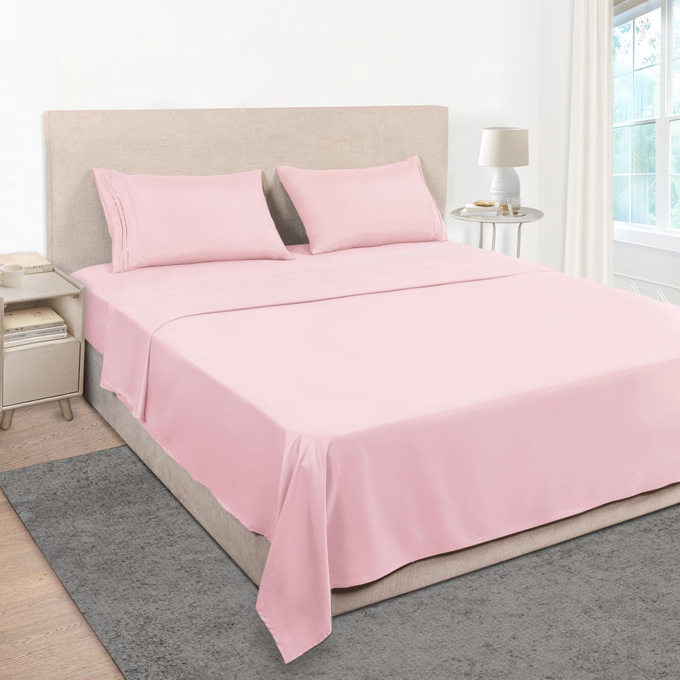 Mejoroom queen size sheet set in blush pink delivers luxurious softness and breathable comfort.