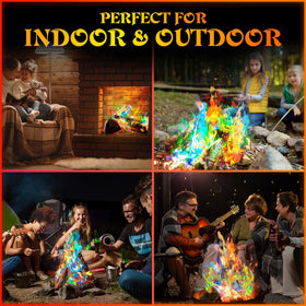 Backyard firepit scene with MEKER packets offering safe, colorful fire effects.