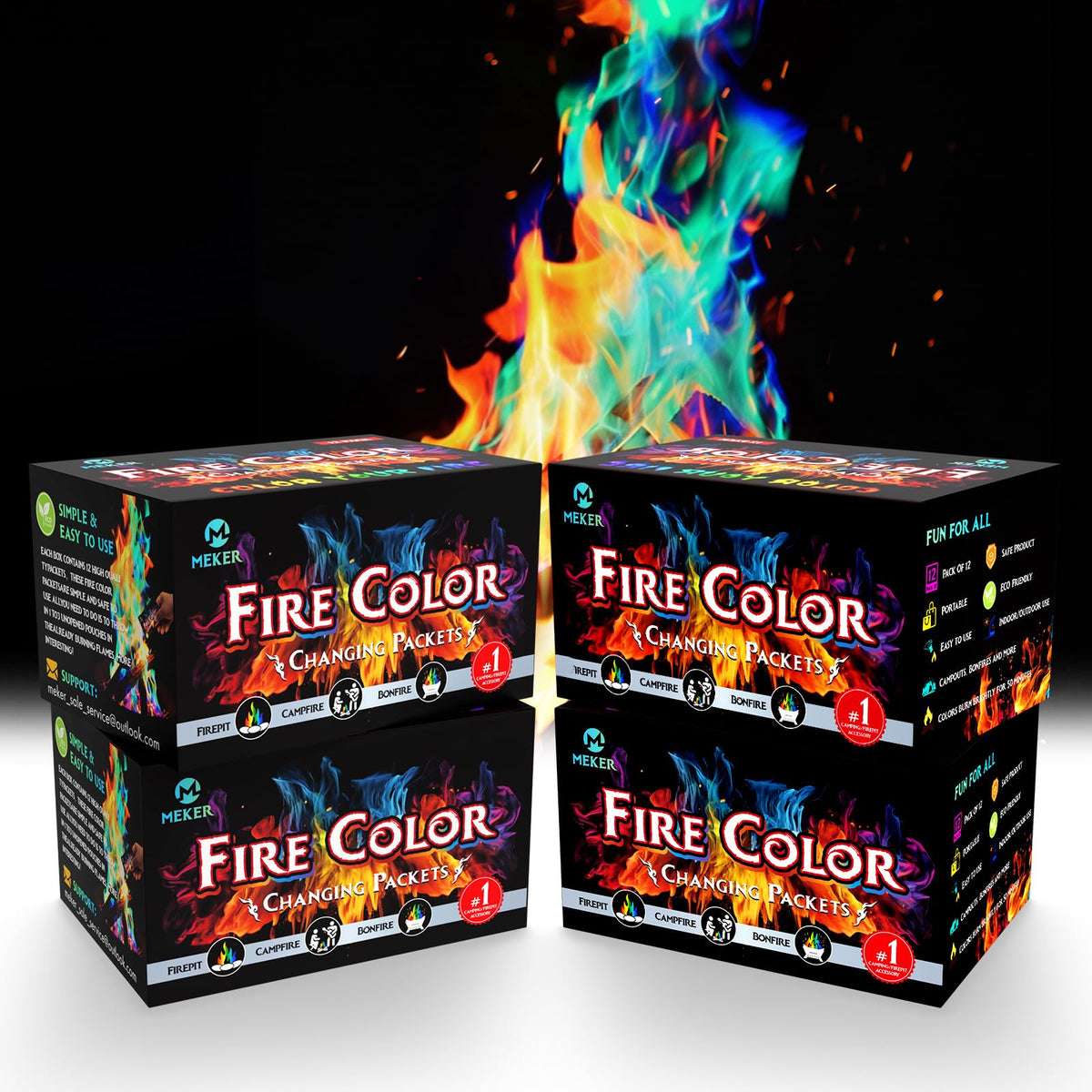 MEKER Fire Color Packets packaging for easy outdoor setup and color flames.