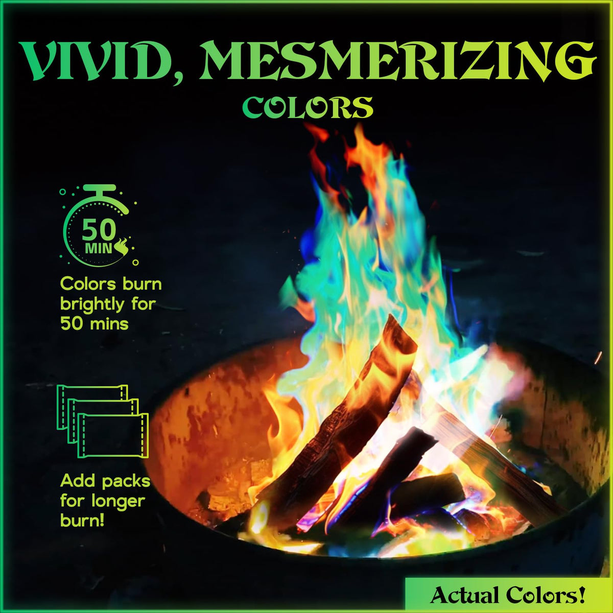 MEKER packets poured into a fire create vibrant, family-friendly flame colors.