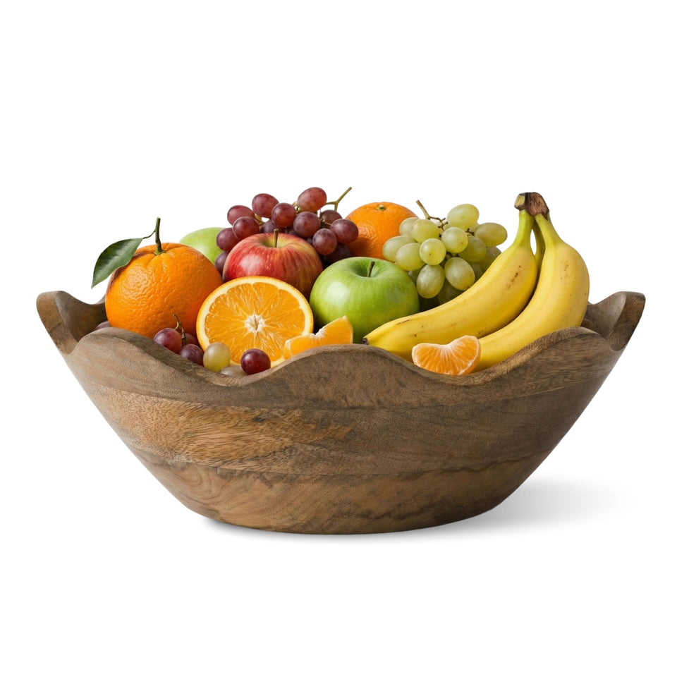 Mela Artisans scalloped mango wood bowl shows natural grain for elegant serving.