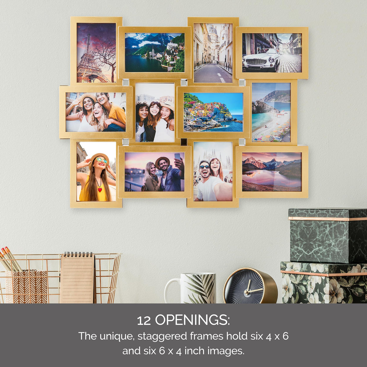 Melannco gold collage frame dimensions 23-25x17-71 inches for a bold display.
