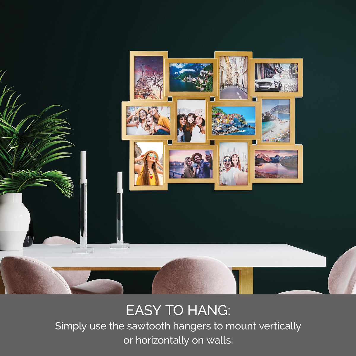 Melannco gold collage frame uses lightweight plastic for easy handling.
