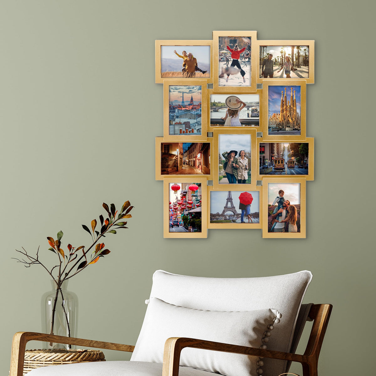 Melannco gold collage frame features built-in sawtooth hangers for easy installation.