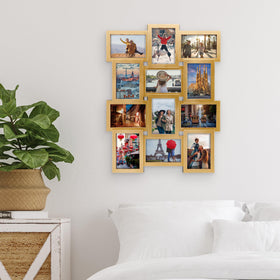 Melannco gold collage frame can hang vertically or horizontally on walls.