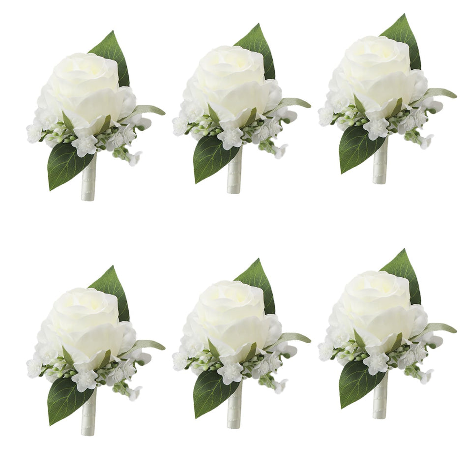 Meldel white boutonniere close-up shows lifelike petals for wedding elegance.