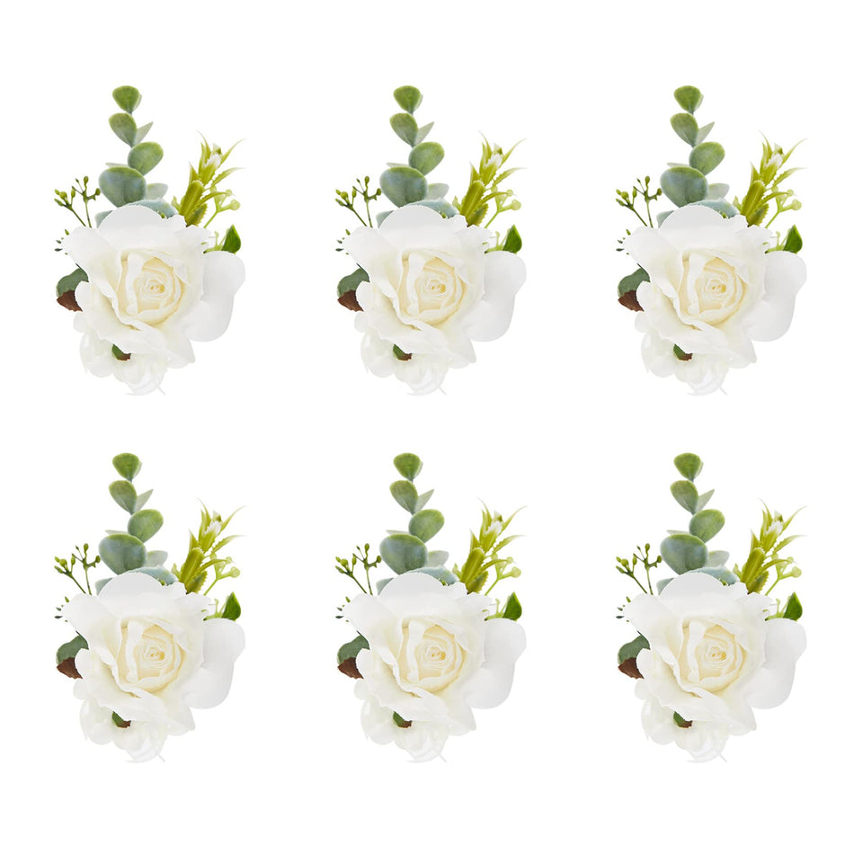 Meldel white ivory rose wrist corsage set with pearl band for wedding ceremony decor.