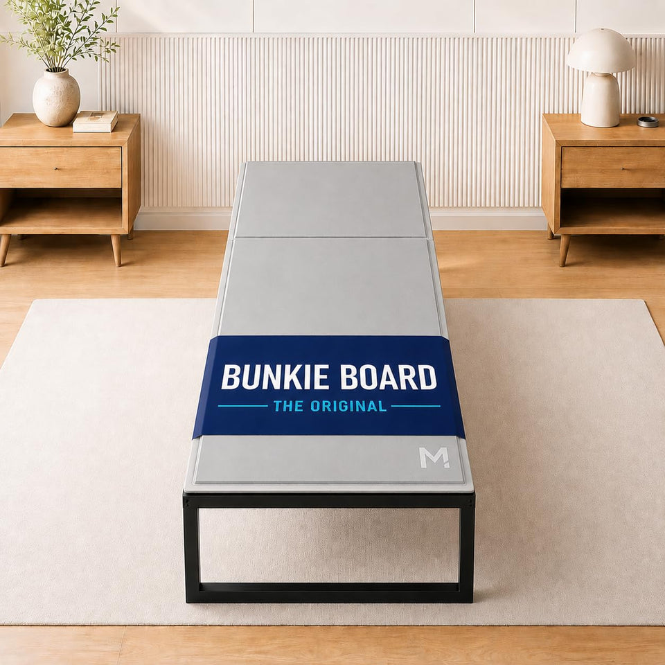 Meliusly low-profile bunkie board showing slim edge and flat surface for stable mattress support