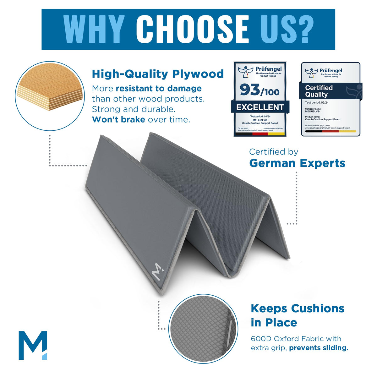 Meliusly reinforced-plywood-panel offers durable support beneath cushions.