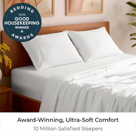 Mellanni Full Sheets Set on a white bed illustrating cooling, breathable comfort.