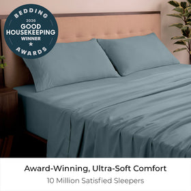Mellanni King Sheets on bed in spa-blue, showcasing hotel luxury and soft comfort