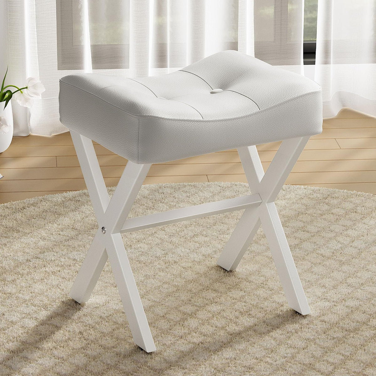 Memobarco 18-inch leather vanity stool with durable wood base and metal X-leg.