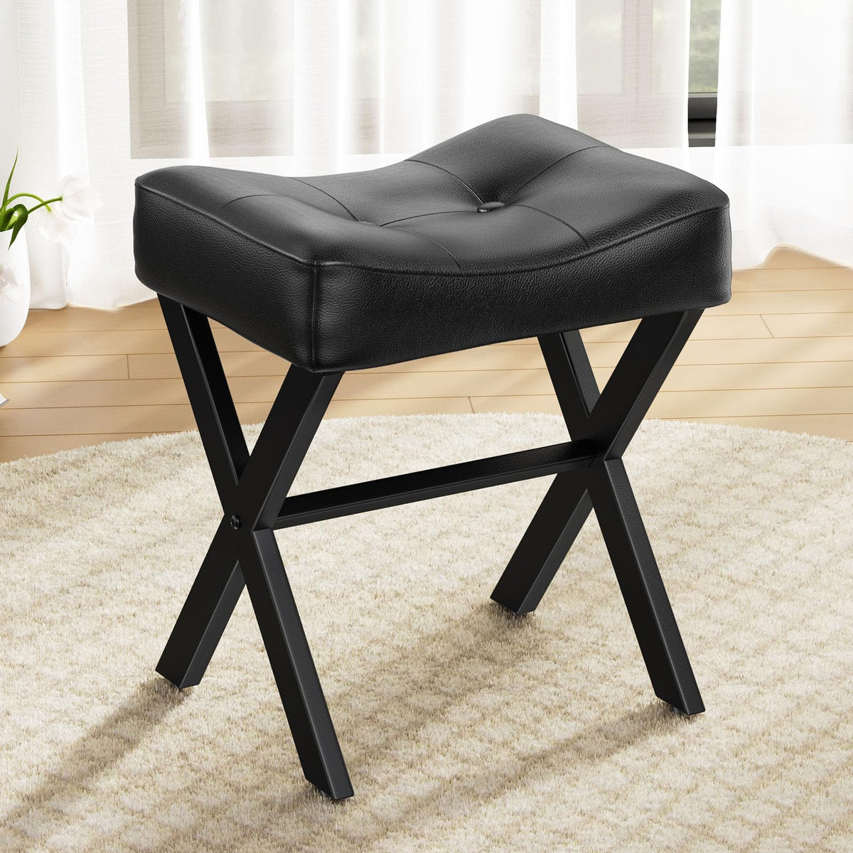 Memobarco 18-Inch vanity stool seat shown in black leather for comfortable makeup routines.