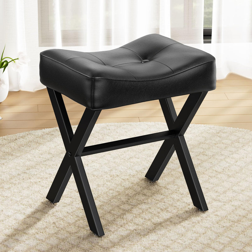 Memobarco 18-Inch vanity stool seat shown in black leather for comfortable makeup routines.