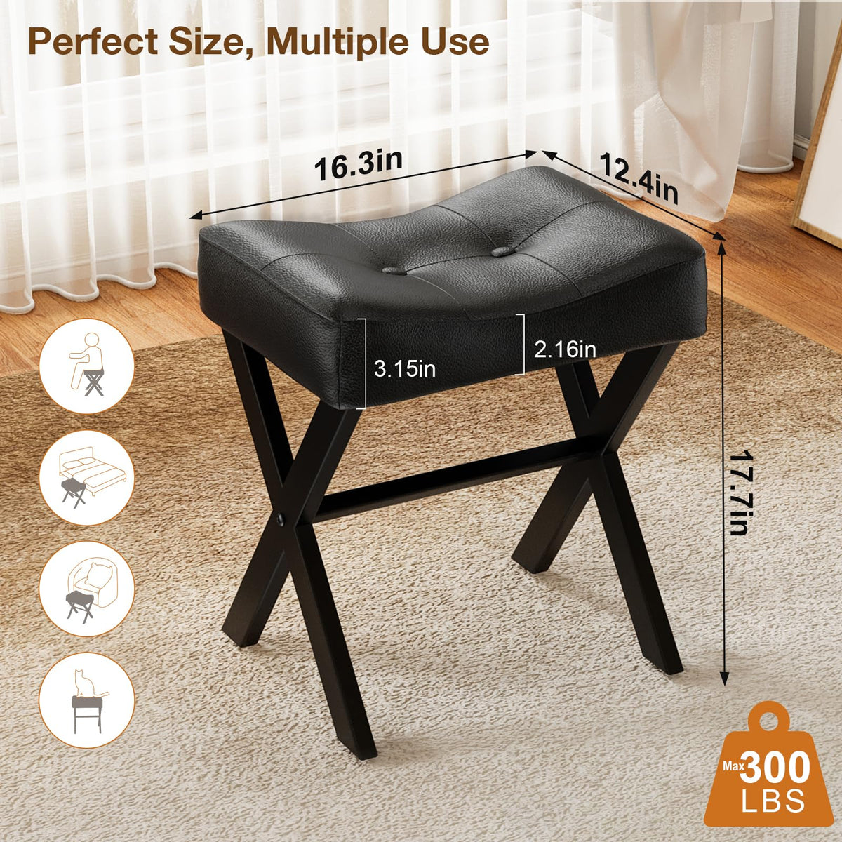 Memobarco leather vanity stool close-up highlights premium 3mm upholstery and smooth cushioning.