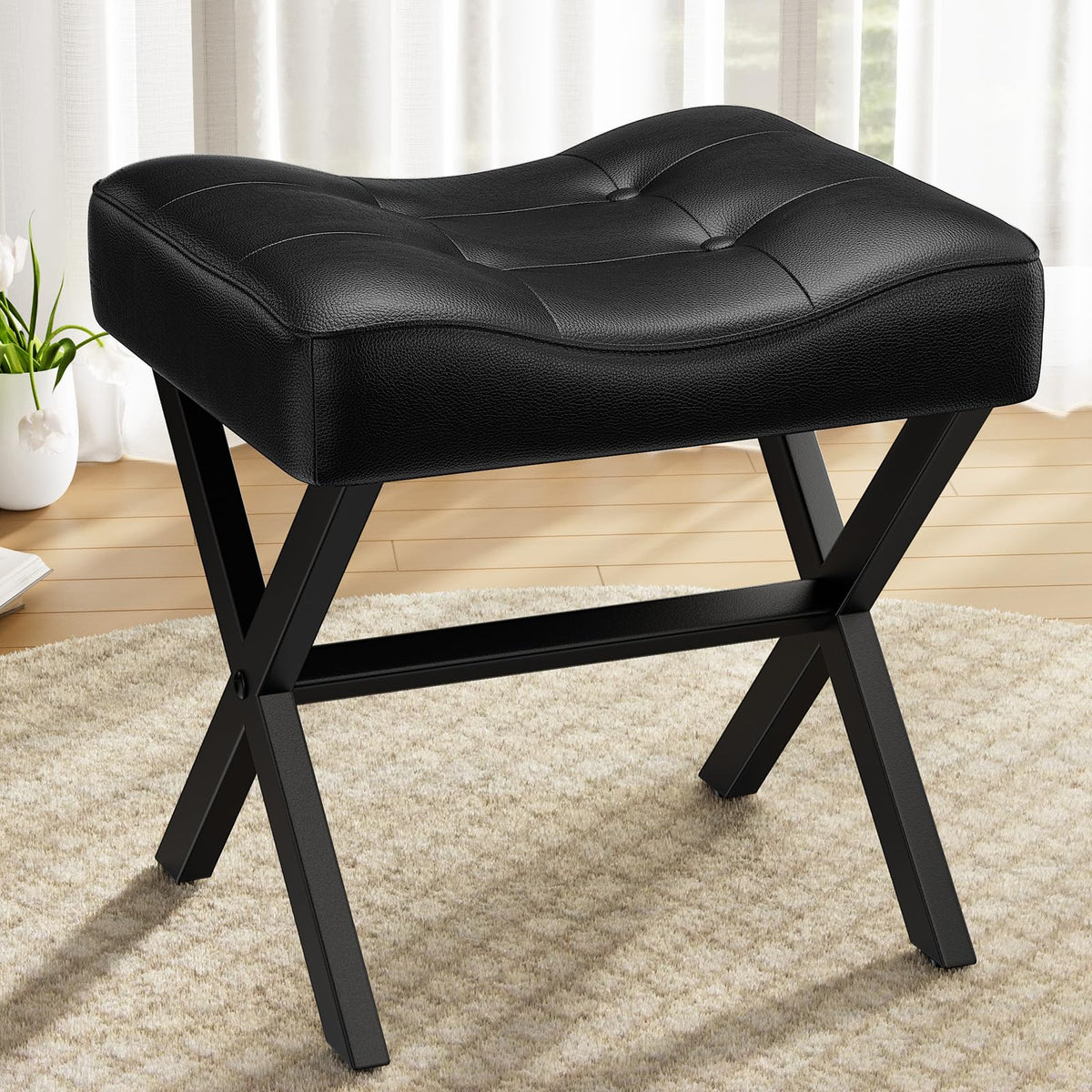 Memobarco vanity stool front view with sleek leather and sturdy silhouette.