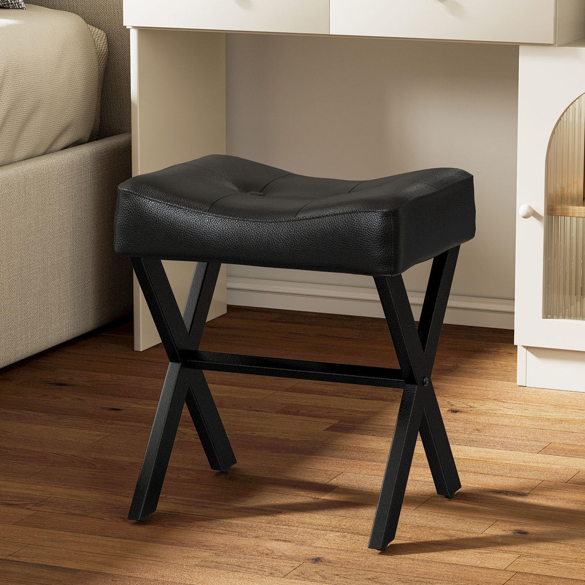 Memobarco vanity stool levelers on feet provide stable setup on uneven floors.