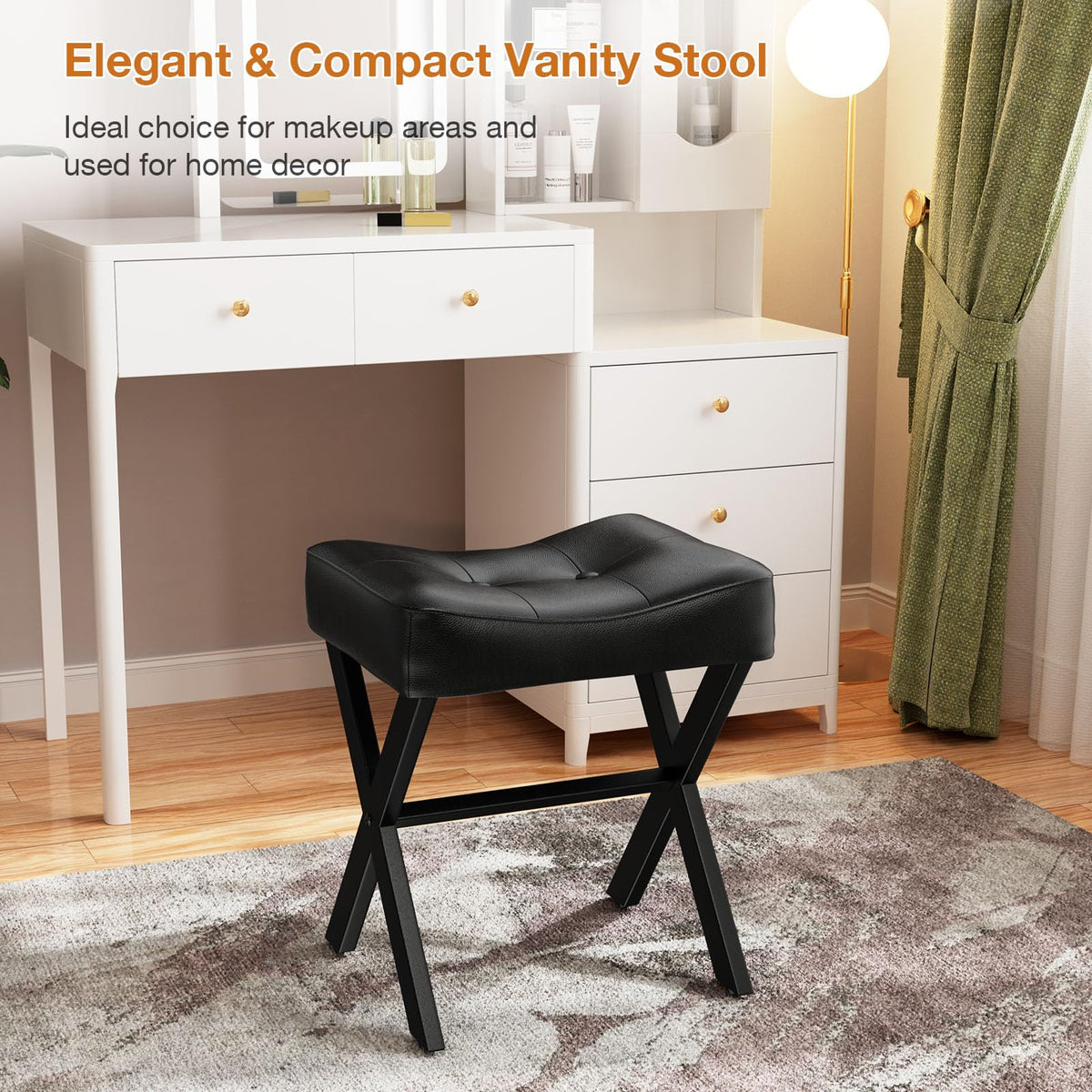 Memobarco vanity stool resting in bathroom scene demonstrates versatile space-saving seating.