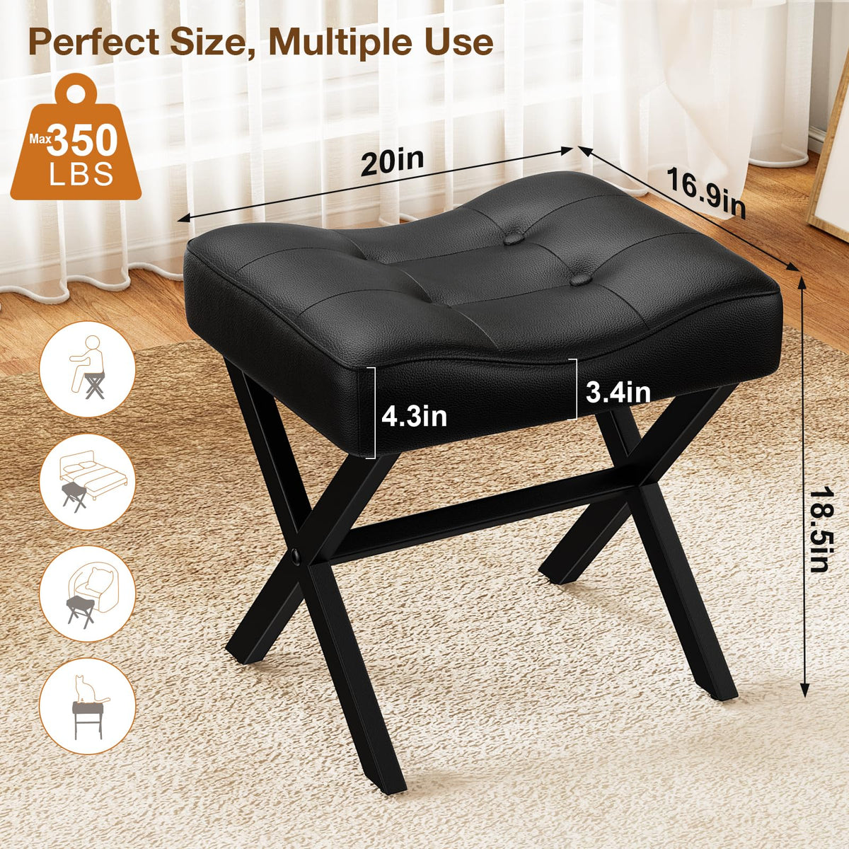 Memobarco vanity stool side view highlighting compact footprint and ergonomic saddle.