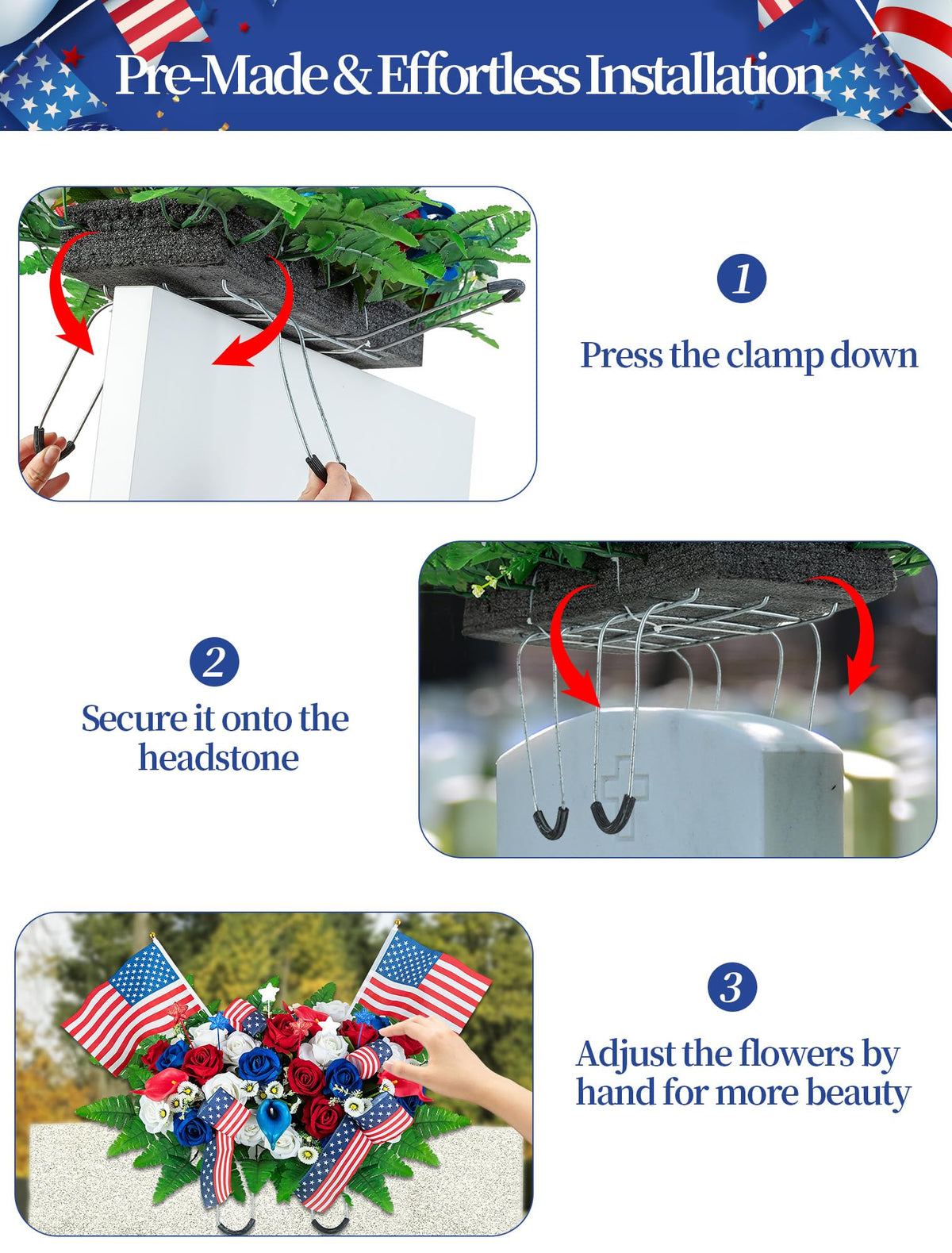 Memobloom adjustable steel handle fitting a tombstone securely.