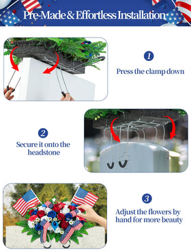 Memobloom adjustable steel handle fitting a tombstone securely.