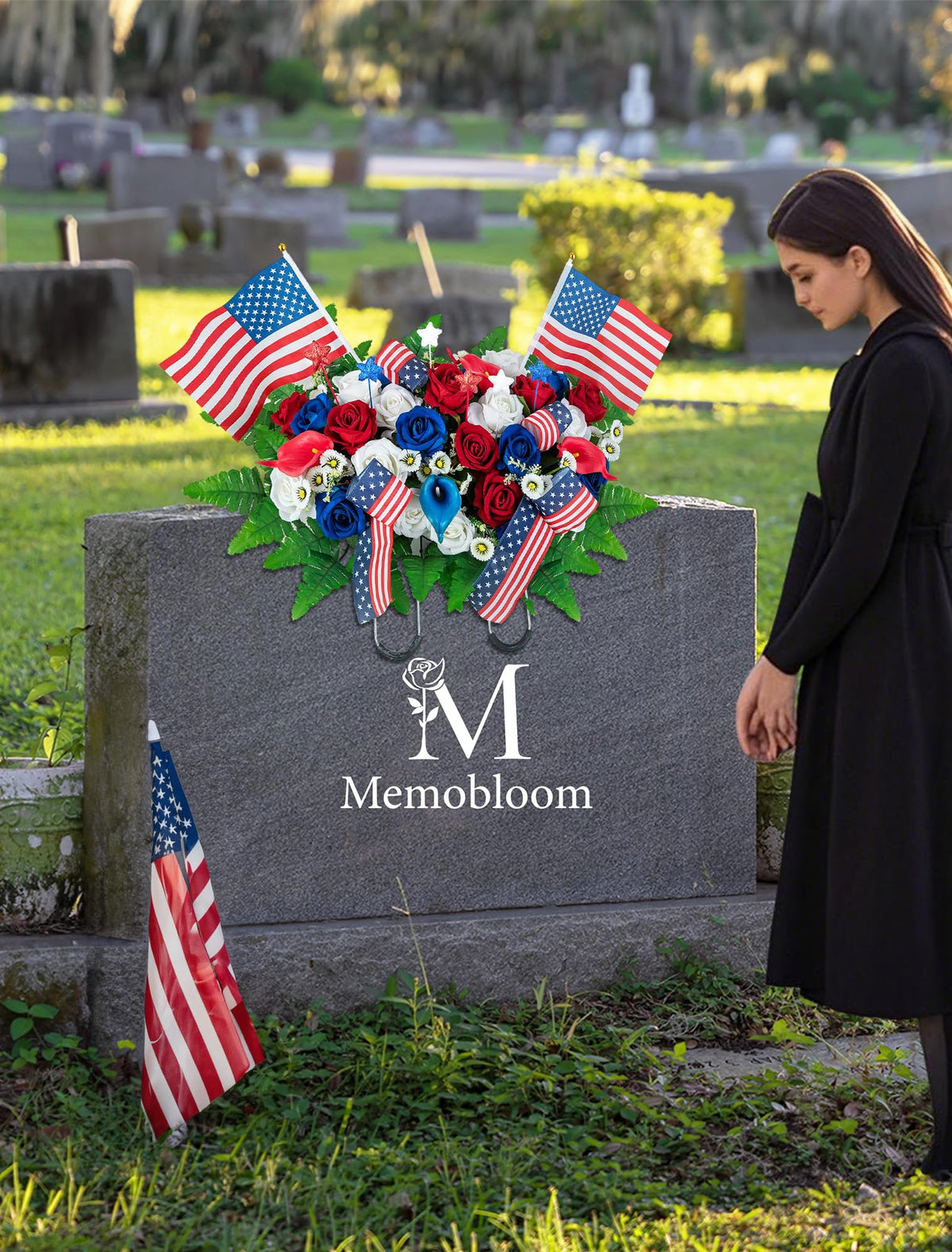 Memobloom American flag ribbon bow accent on headstone decor.