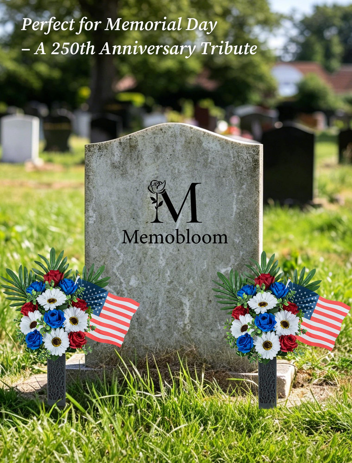 Memobloom American flags included in the vase for respectful, enduring tribute.