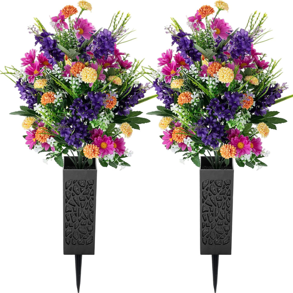 Memobloom artificial cemetery flowers: purple mums with vases offer lasting grave decor
