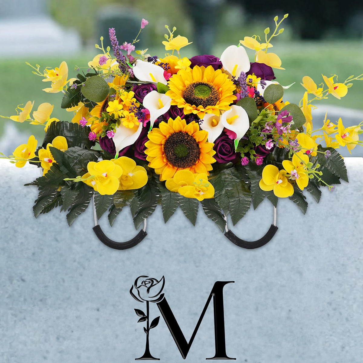 Memobloom artificial headstone saddle with rose and sunflower, adds lasting color to a grave