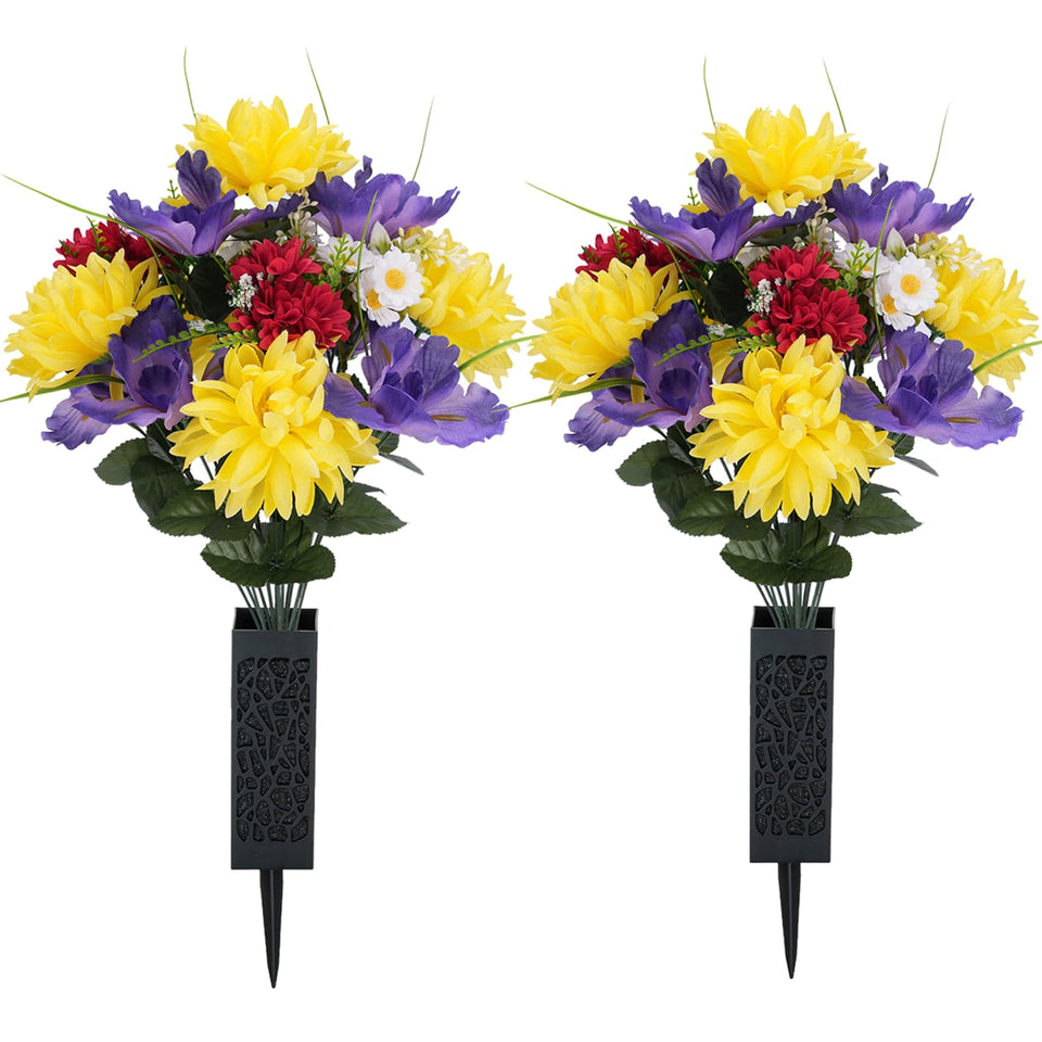 Memobloom artificial memorial flowers for cemetery with 2 bouquets of yellow mums and purple iris for outdoor graves