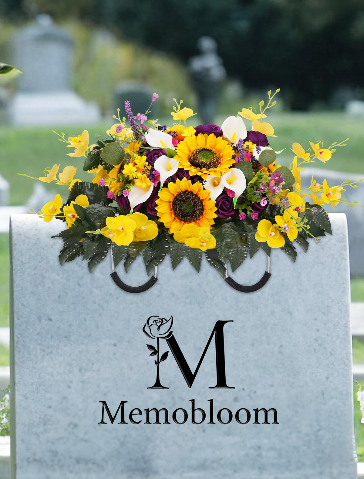 Memobloom cemetery saddle with adjustable arms fits many headstones for easy setup