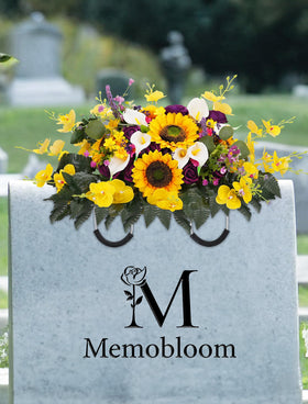 Memobloom cemetery saddle with adjustable arms fits many headstones for easy setup