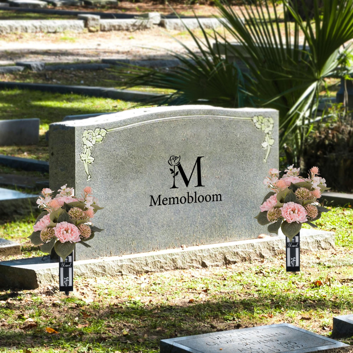 Memobloom cemetery vase design with drainage holes, durable for all weather.