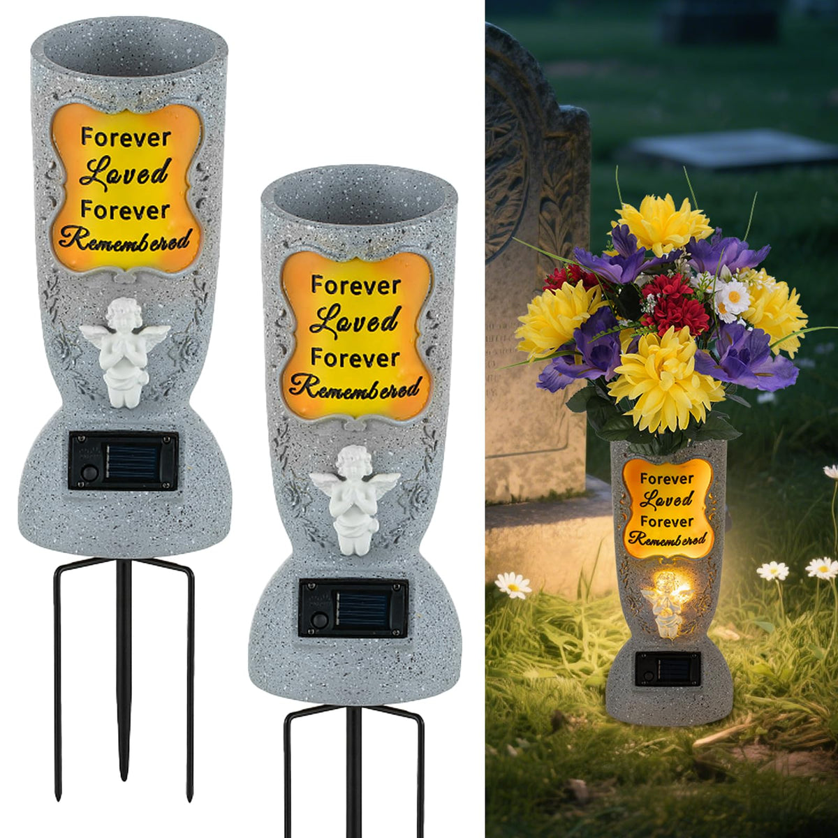 Memobloom cemetery vase with solar angel headstone illuminates the memorial at dusk