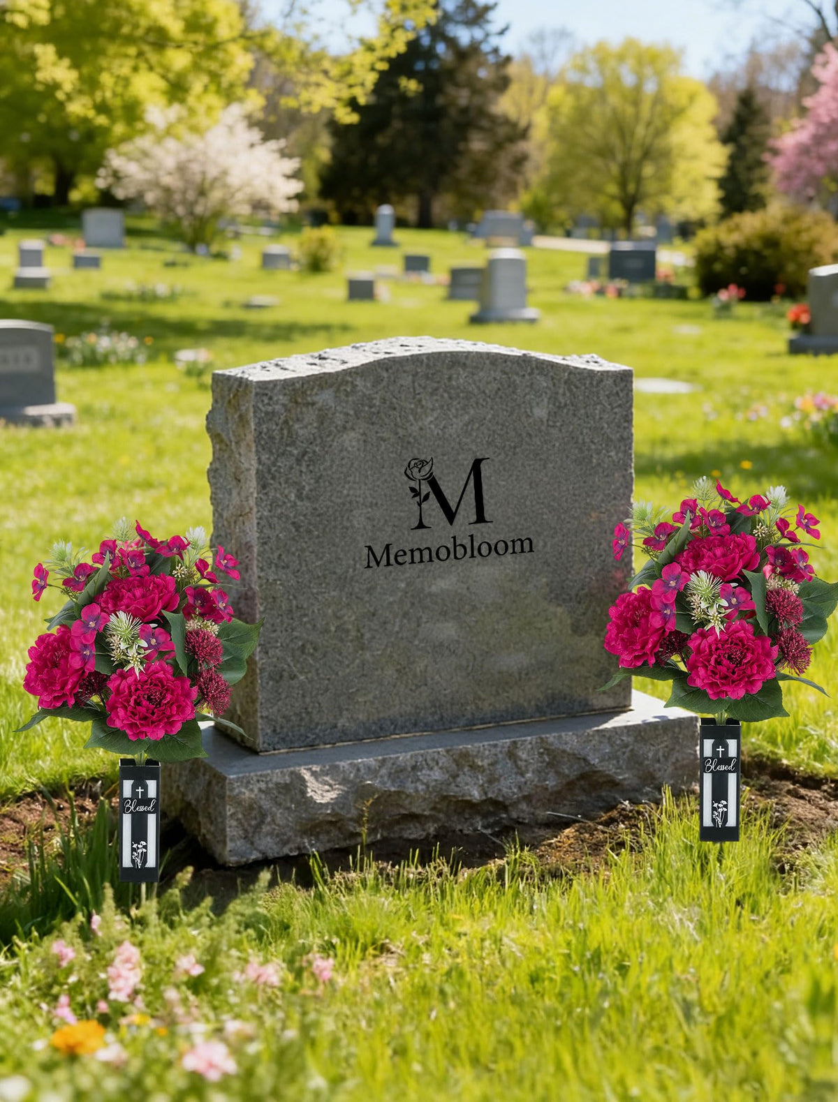 Memobloom full bouquet with vases supports seasonal cemetery decorations.
