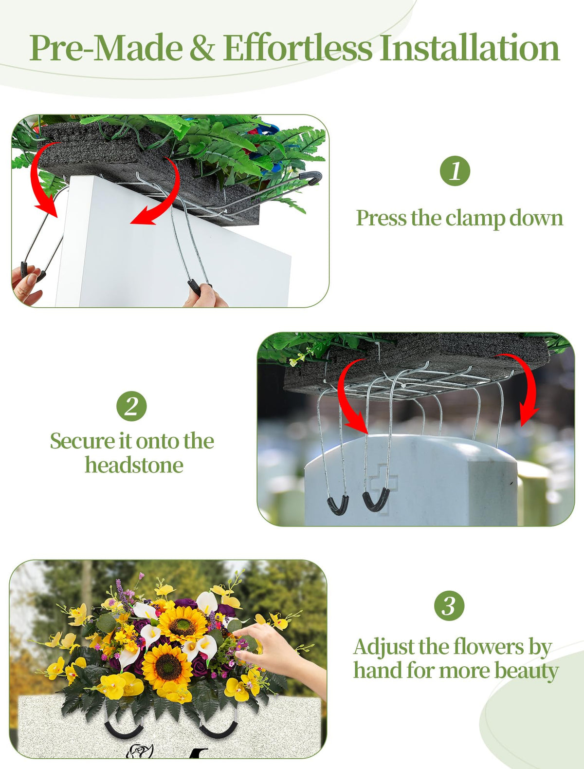 Memobloom headstone decoration with rubber-coated clips protects stone surfaces