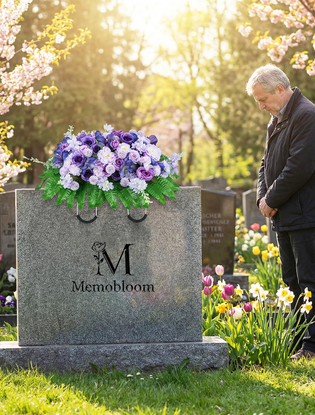 Elegant Memobloom design enhances gravestones with dignified purple floral accents.