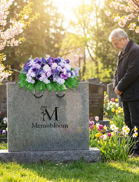 Elegant Memobloom design enhances gravestones with dignified purple floral accents.