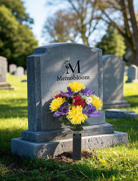 Memobloom grave flowers displayed with included vases for stable placement