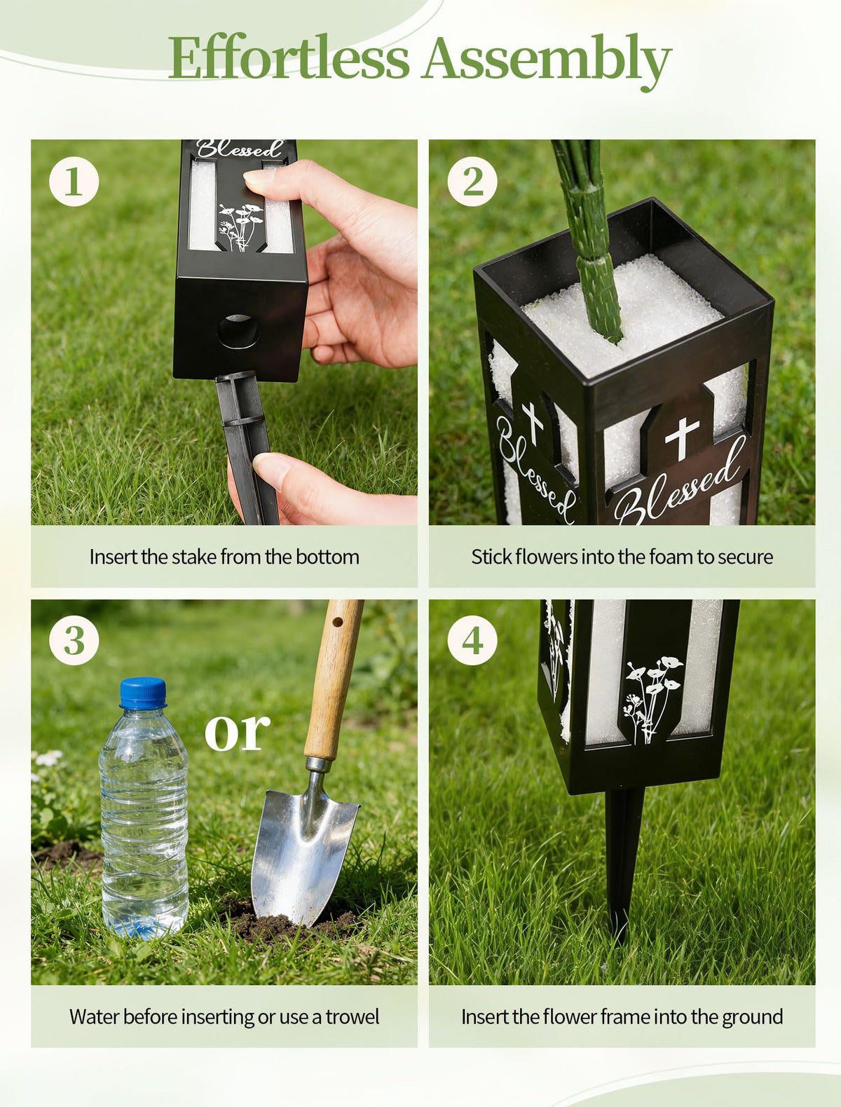 Memobloom grave stake installation enables quick stable placement on varied soils.