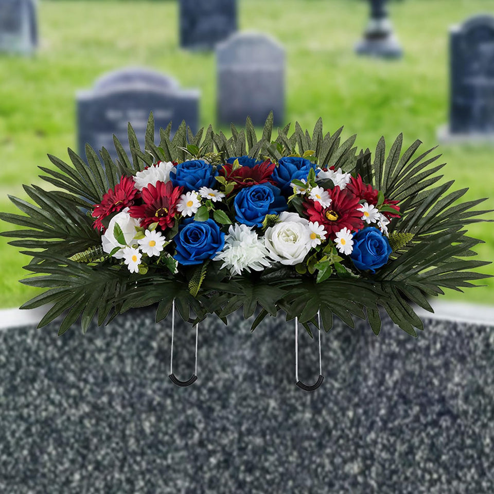 Memobloom headstone saddle bloom closeup shows lifelike silk flowers for lasting tribute.