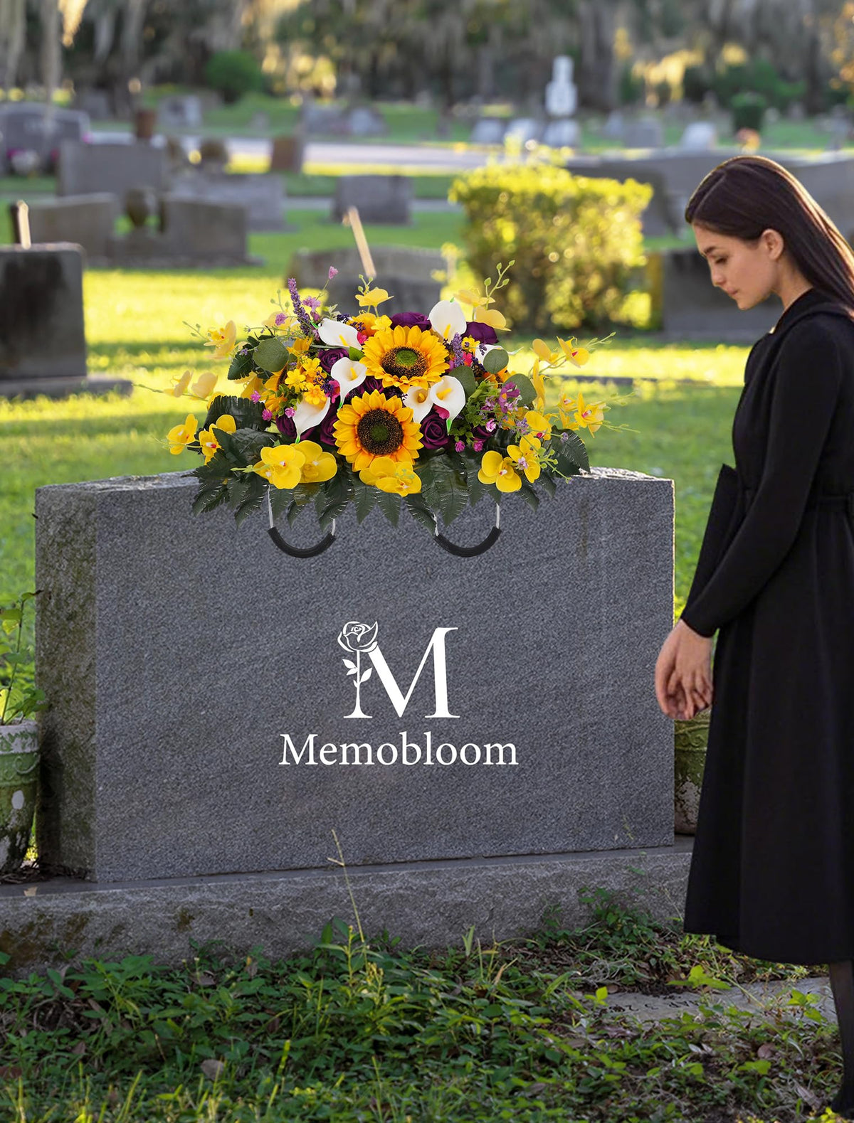 Memobloom headstone saddle featuring rust-resistant arms for versatile placement