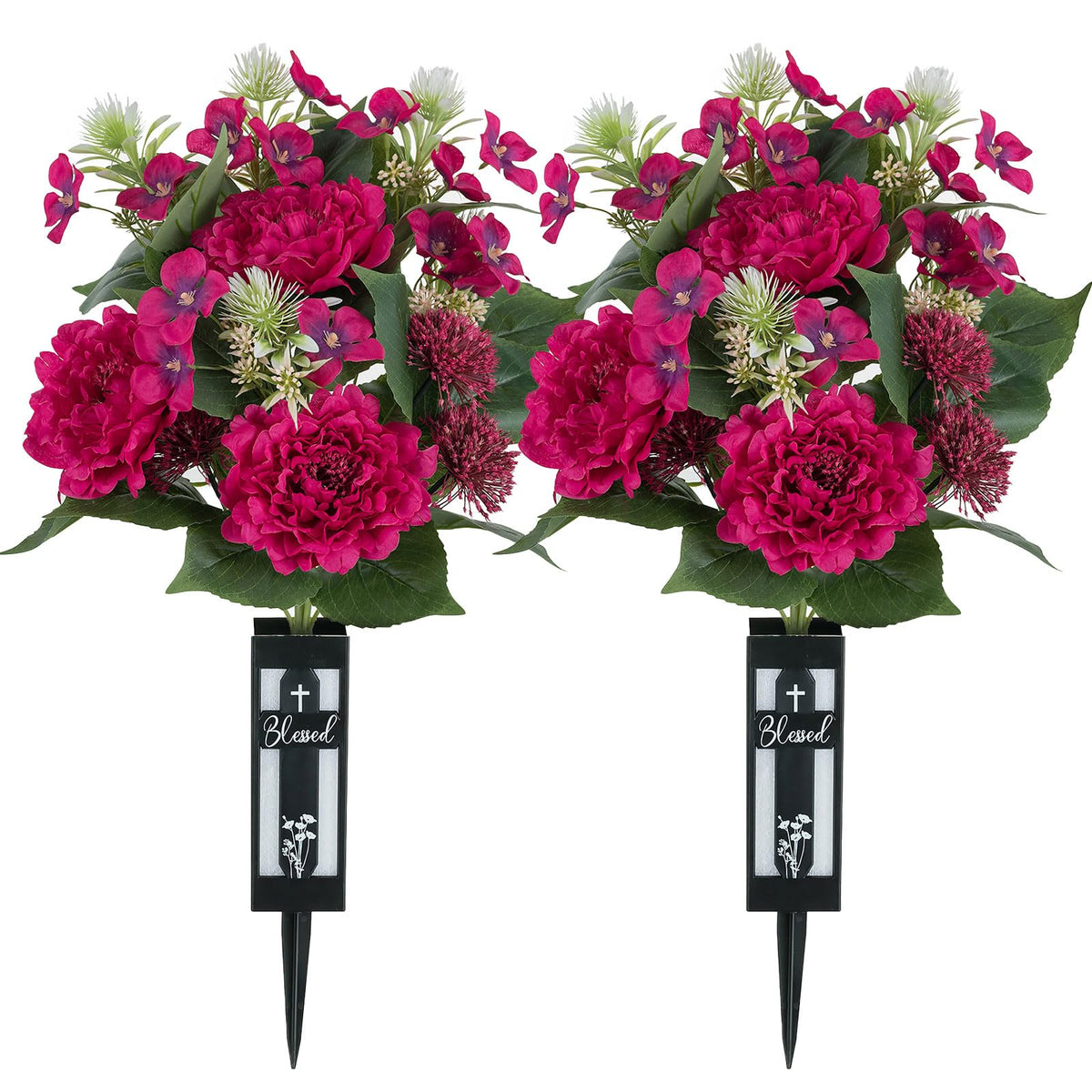 Memobloom hot pink peony bouquet with grave stake for secure cemetery displays.