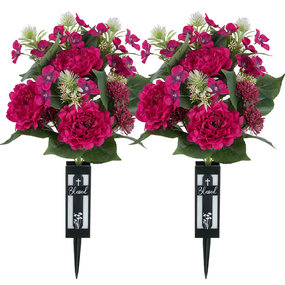 Memobloom hot pink peony bouquet with grave stake for secure cemetery displays.