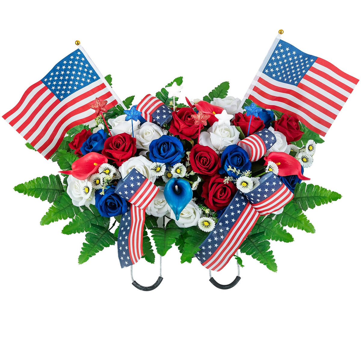 Memobloom Memorial Day cemetery decor in festive red white blue.
