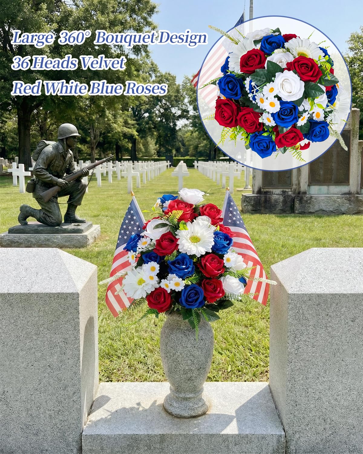 Two patriotic flags included with the Memobloom bouquet for respectful grave symbolism.