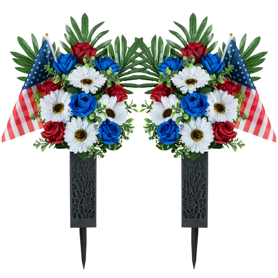 Memobloom Memorial Day flowers for grave with patriotic arrangement and easy setup.