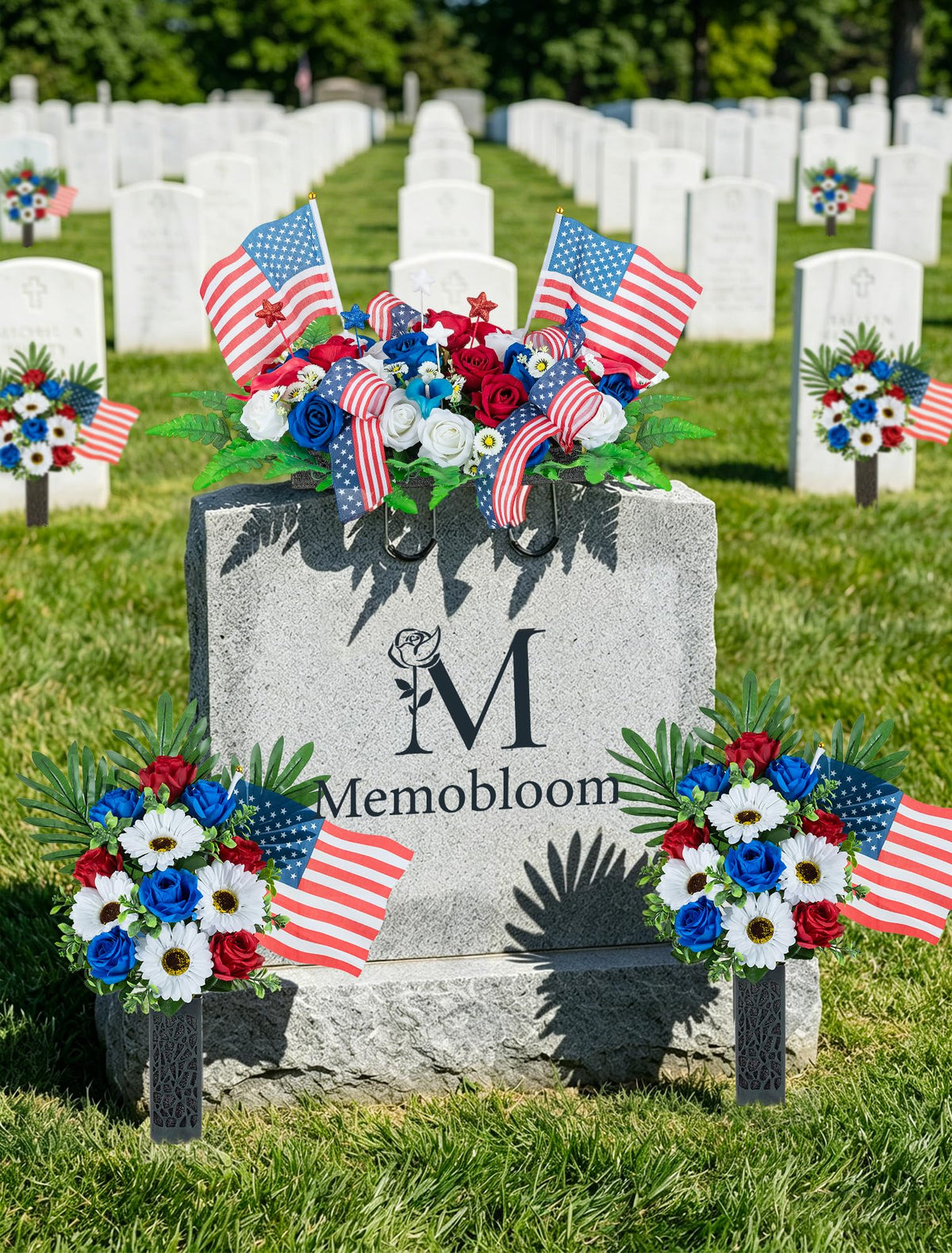 Memobloom patriotic cemetery bouquet with red and blue roses for a bold grave display.