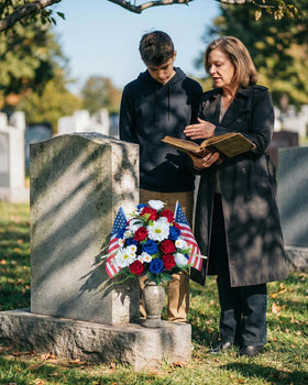 Memobloom patriotic cemetery display suitable for Memorial Day and Independence Day.