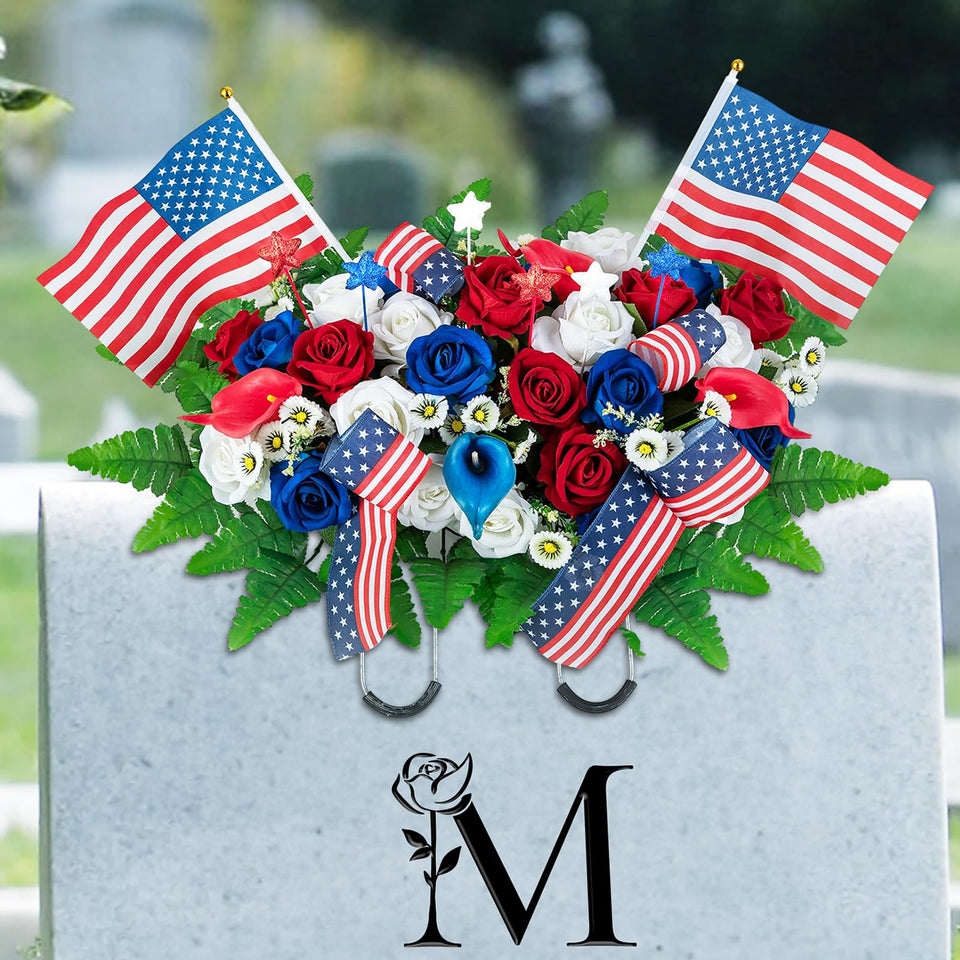 Memobloom patriotic saddle on a grave with lasting red, white, blue roses.